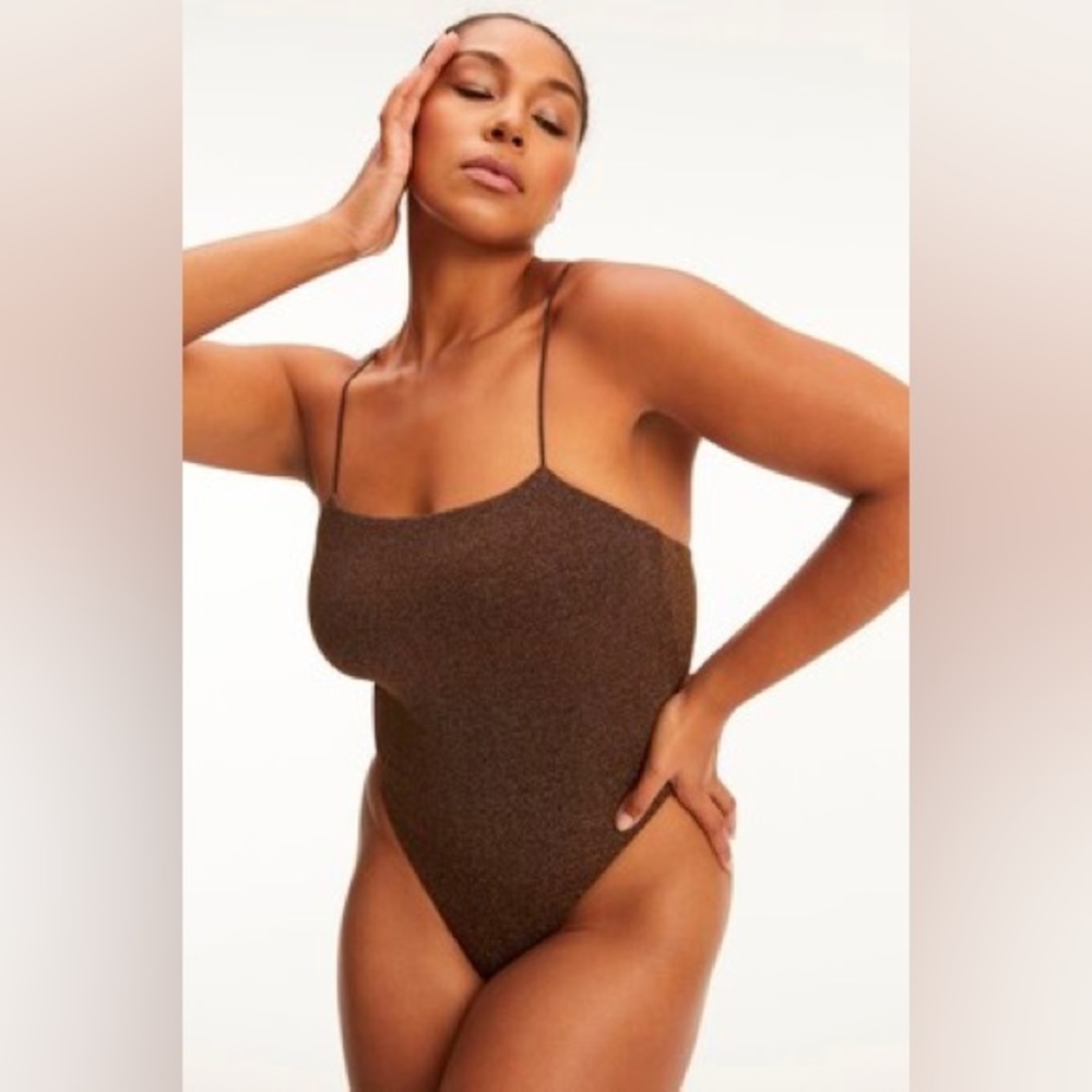 NWT Good American Brown Sparkle Rib Knit Strappy Swimsuit